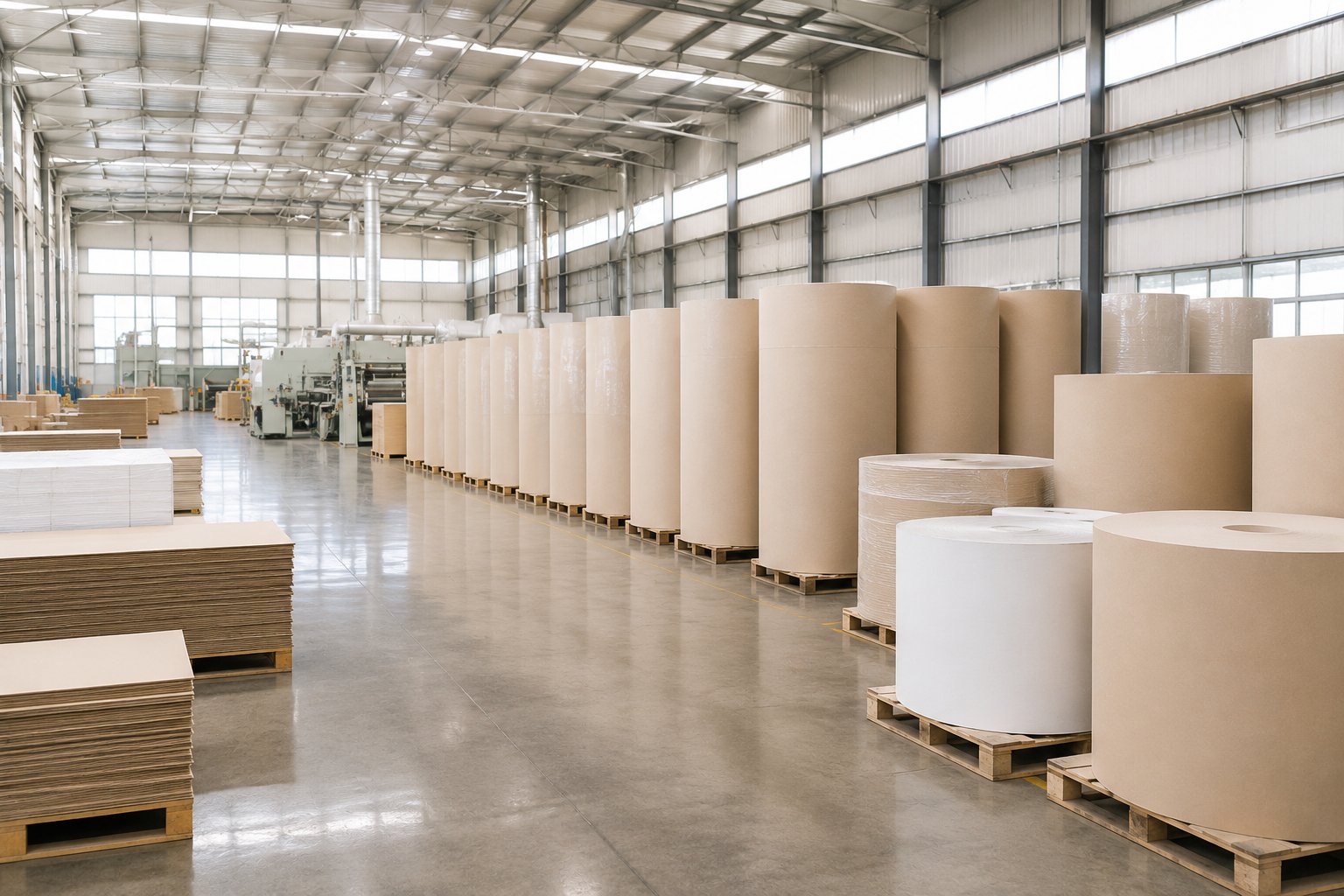 Paper rolls and boards stored in an industrial warehouse