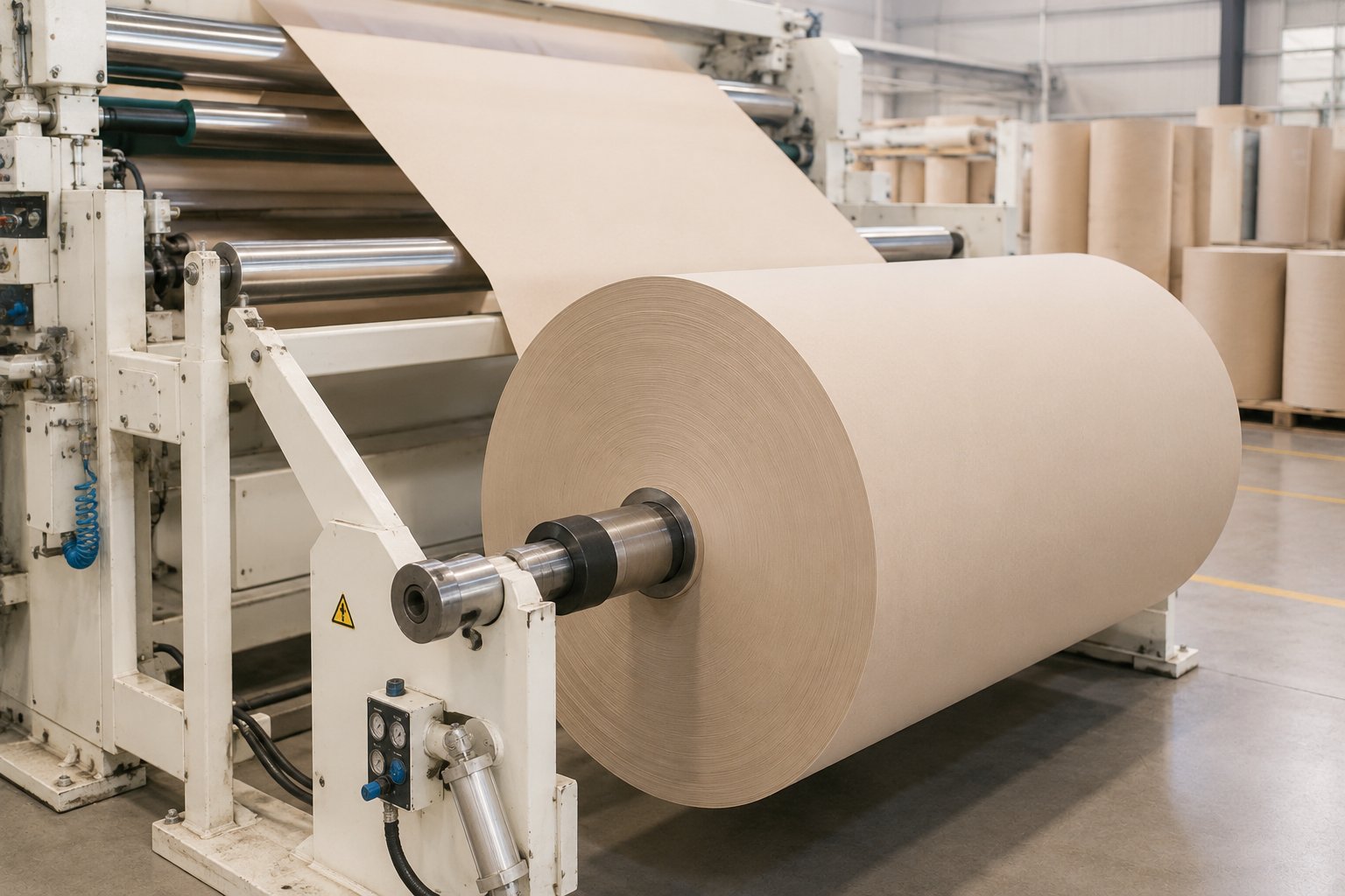 Paper rewinding machine converting large paper rolls