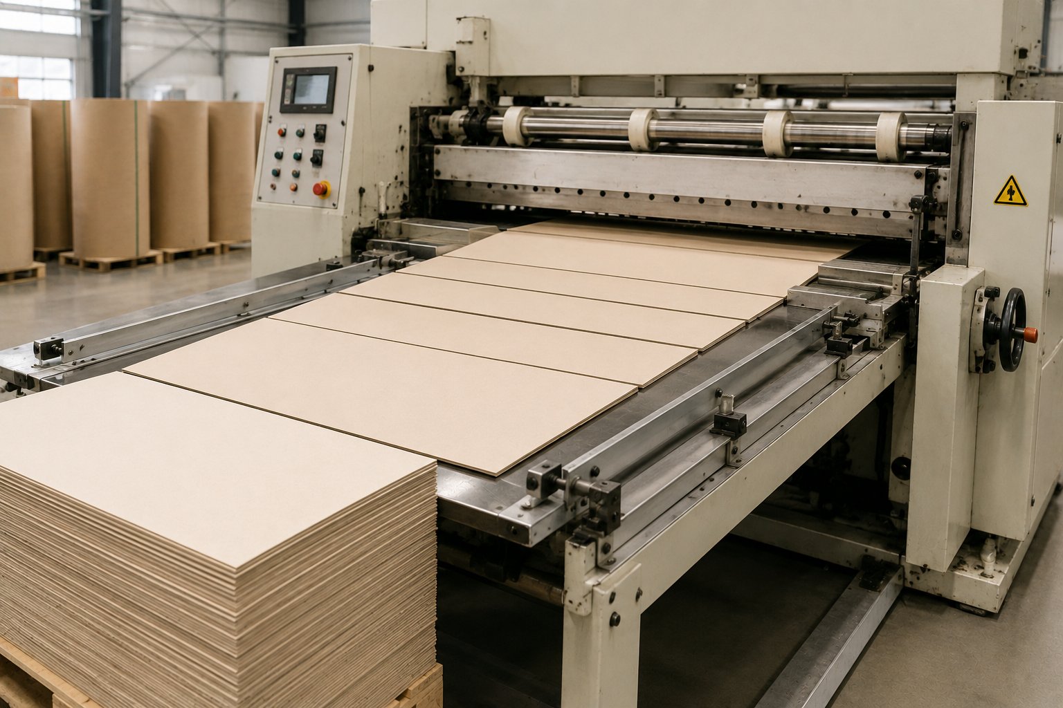Paper sheeting machine cutting paperboard into sheets